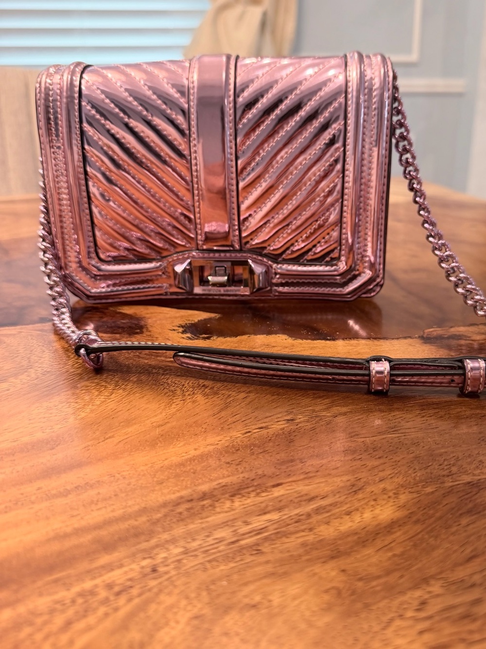 Rebecca Minkoff Chevron Quilted Love Crossbody Metallic Rose Gold Finish GUC - Picture 3 of 17